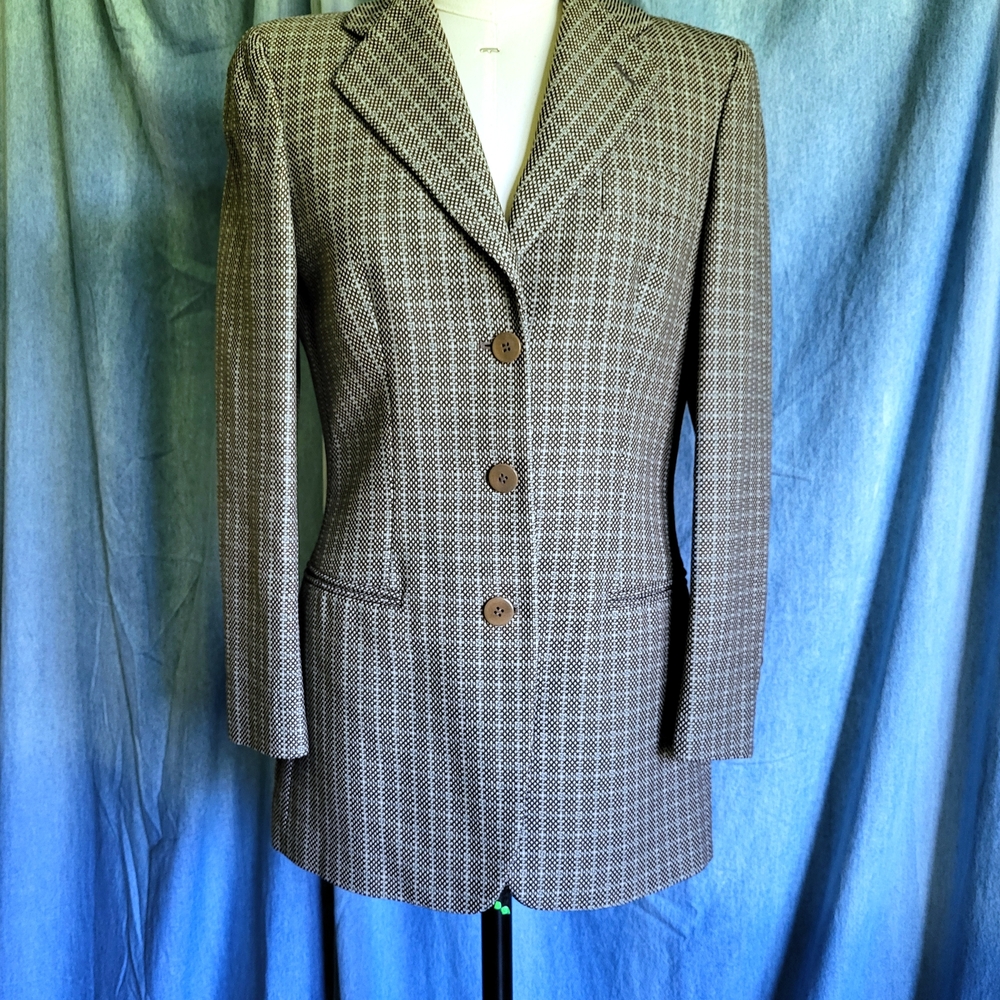 Giorgio Armani Brown Wool-Blend Blazer with Windowpane Check